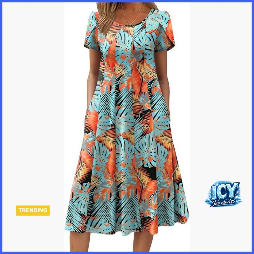 Short Sleeve Flare Midi Dress Casual Loose Flowy Beach Sundress
